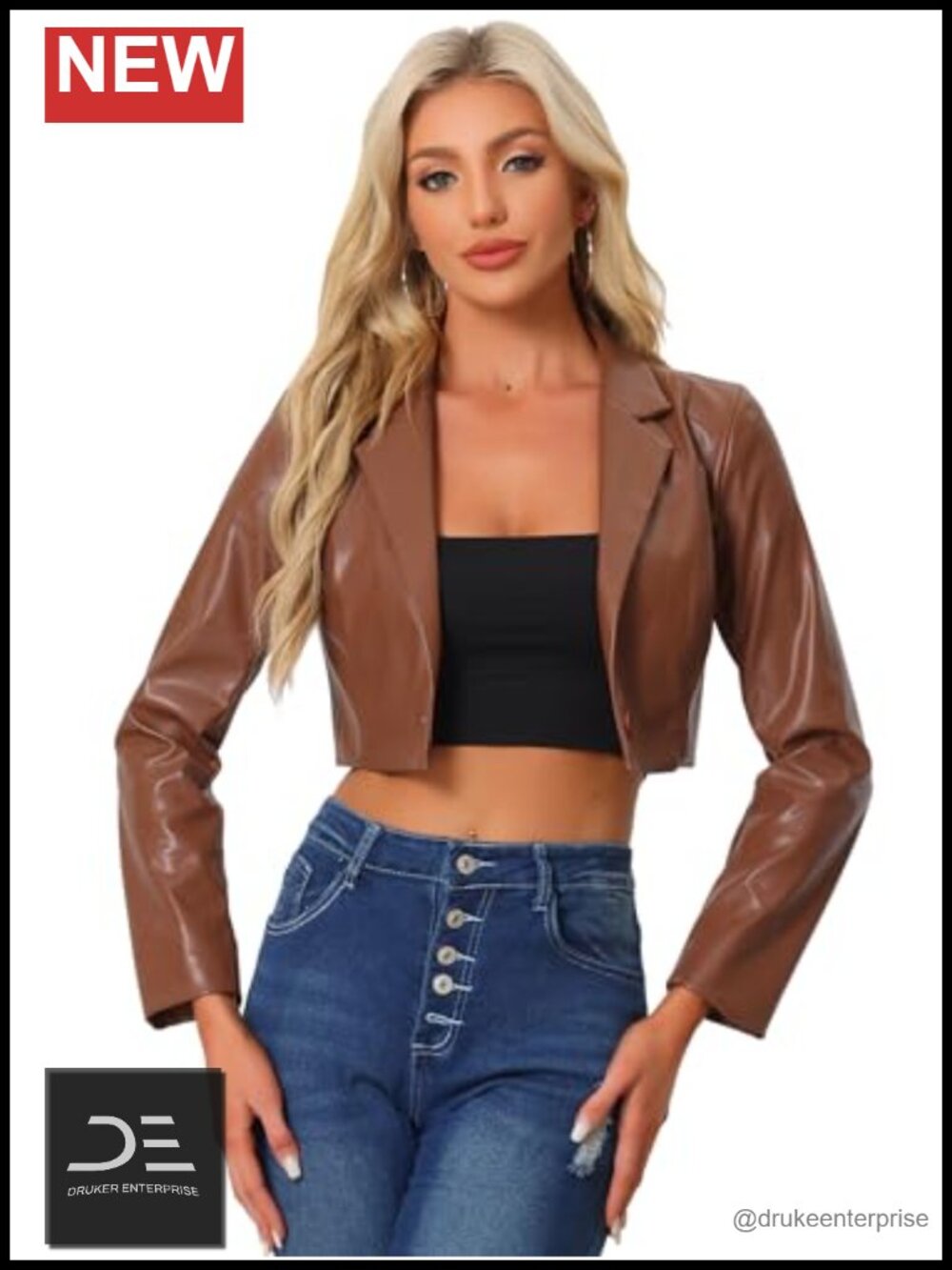 Cropped PU Leather Blazer Jacket One Button Lapel Collar Long Sleeve Lined